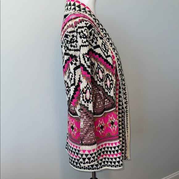 Tea n Rose Pink and Black Aztec Open Front Women's Long Cardigan Sweater M/L - Picture 6 of 7
